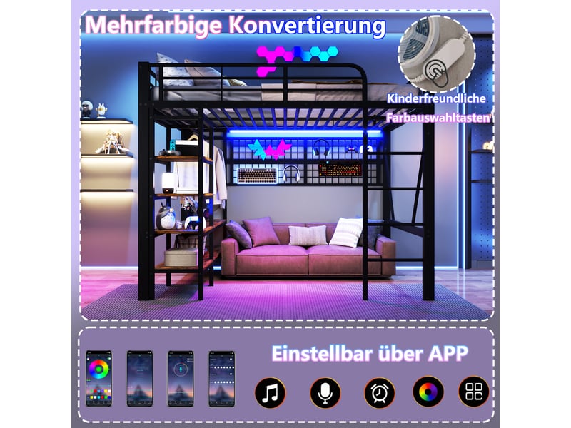  Lit mezzanine 140 x 200 cm, structure métal, led, bureau, étagères, panneau perforé, usb, sans matelas, noir  - Conforama D