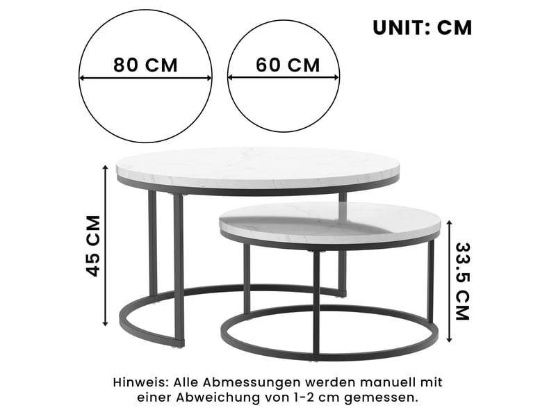  Tcqpz table basse 2 pièces 80x45 cm et 60x33,5 cm, mdf marbré, structure en fer  - Conforama B