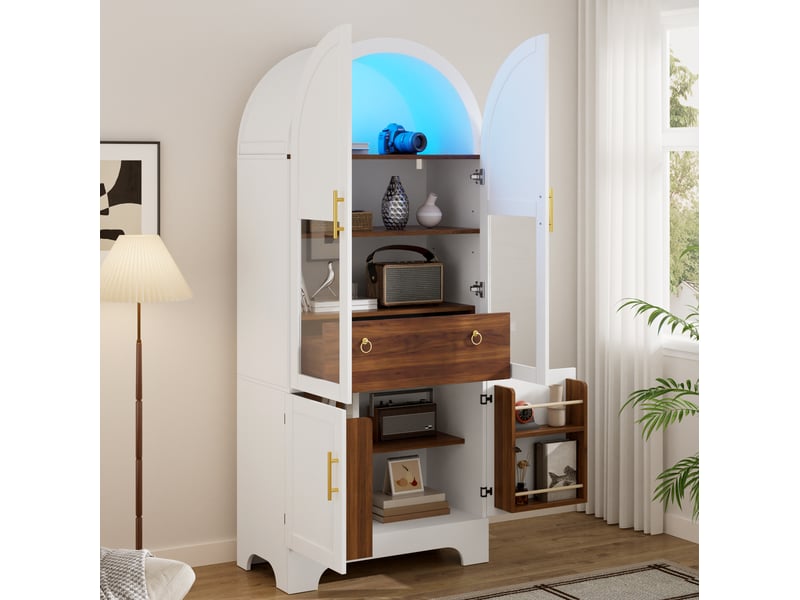  Buffet 76x40x180 cm avec façade en verre, éclairage led, 4 portes et 1 tiroir, mdf et panneau de particules, blanc  - Conforama E