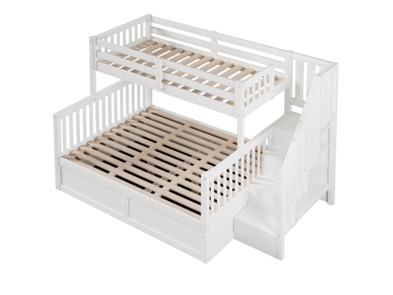 Lit superposé 90x200 + 140x200 avec vérin hydraulique, échelle avec rangements, blanc, sans matelas - Conforama D