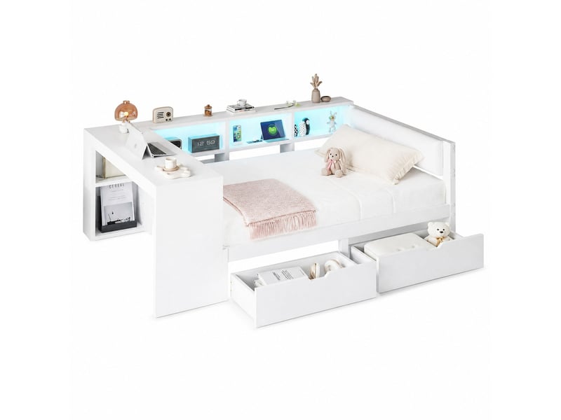  Lit plateforme 140 x 200 cm blanc avec rangements, tiroirs, led et station de charge  - Conforama A
