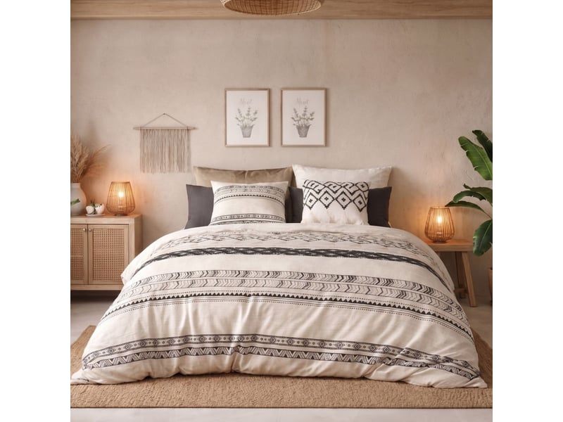  Parure housse de couette 260x240cm + 2 taies motif bohème écru et noir 100% coton - silesy SILESY - Conforama A