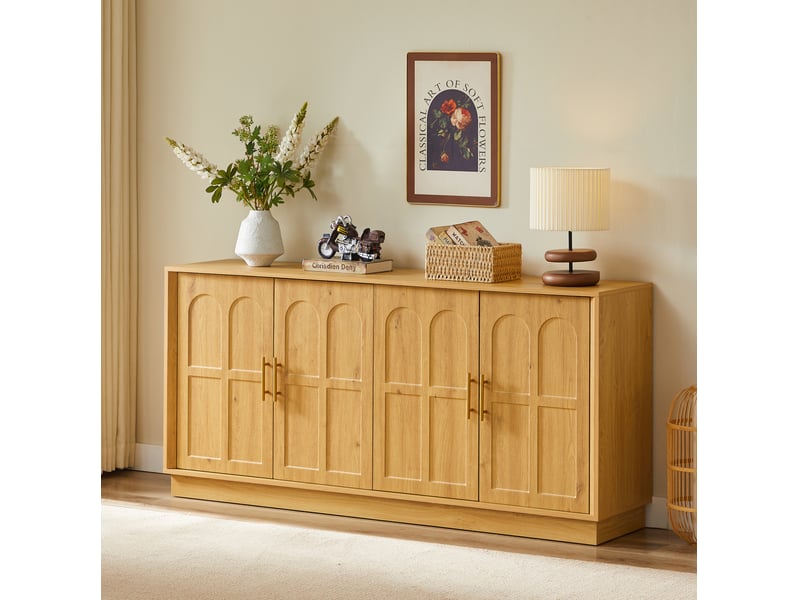  Buffet 169x40x80 cm à portes incurvées et étagères réglables en mdf coloris naturel  - Conforama B