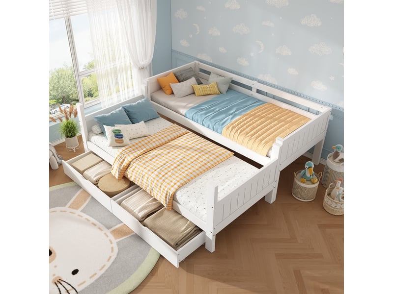  Lit superposé en bois, 90 x 200 cm, séparable en 2 lits simples, avec échelle, barrières de sécurité et 2 grands tiroirs, blanc  - Conforama D