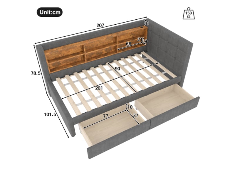  Lit avec rangement rembourré 90x200cm coloris gris lin lit enfant gris - Conforama C