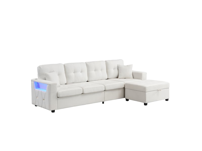 Canapé d'angle modulable modenvie 4 places avec pouf coffre mobile, rangements, éclairage led, ports usb et type-c, tissu beige - Conforama A
