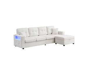 Canapé d'angle modulable modenvie 4 places avec pouf coffre mobile, rangements, éclairage led, ports usb et type-c, tissu beige