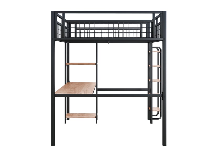  Lit mezzanine avec bureau et étagères, métal noir, 140x200 cm, escalier et barrières sécurisées  - Conforama E