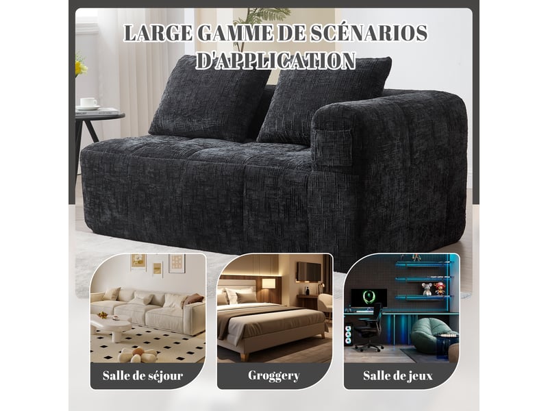 Canapé droit 2 places en chenille noire 158x90x60 cm, avec coussin et poches latérales, sans montage 158x90x60cm - Conforama W