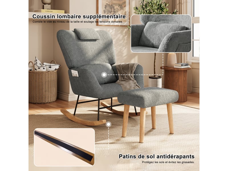 Fauteuil à bascule avec repose-pieds - 75x75x92.5cm - chaise berçante avec poches latérales et appui-tête en bouclette - gris - Conforama D