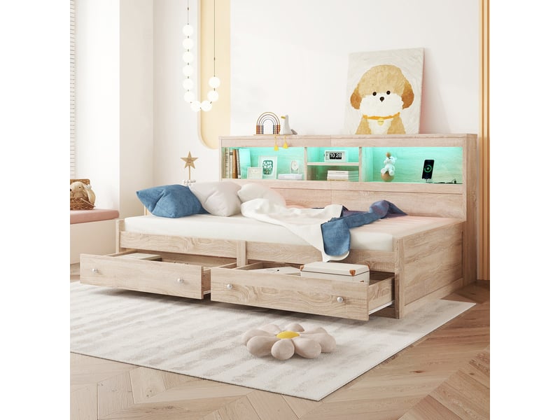  Lit banquette 90x200 cm bois naturel - led intégrées, rangements et ports usb  - Conforama E