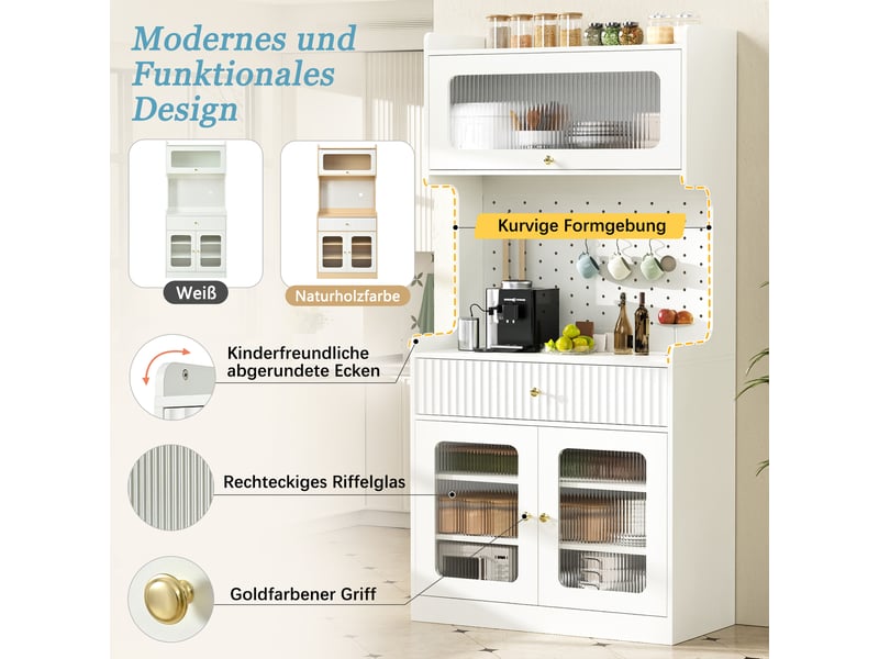  Buffet cuisine 3 portes vitrées et 1 tiroir, 80 x 40 x 180 cm, éclairage led, panneau perforé et étagères réglables, mdf, blanc Morn Vibe - Conforama E