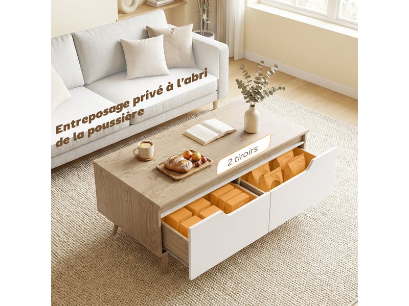  Table basse rectangulaire, table de salon moderne avec 2 tiroirs, 5 pieds en bois de pin, 100x50x46cm, chêne et blanc  - Conforama E
