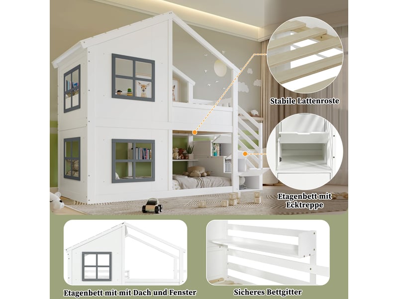  Lit cabane enfant 90x200 cm avec toit et fenêtres-échelle avec rangements-sommier à lattes en pin et mdf-blanc gris  - Conforama D