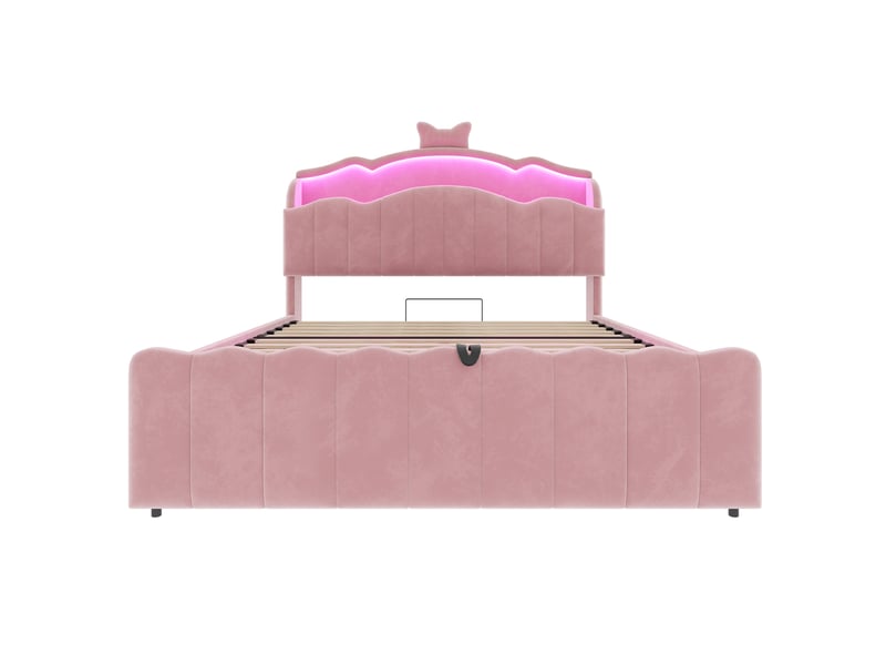  Lit enfant velours rose 140x200 cm avec rangement hydraulique, led, usb et type-c  - Conforama A
