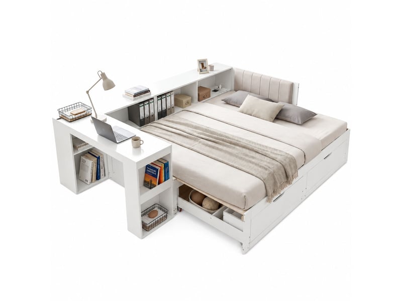  Lit multifonction 180x200 cm avec bureau intégré, rangements et tiroirs, lit banquette en bois avec tête de lit rembourrée - blanc  - Conforama A