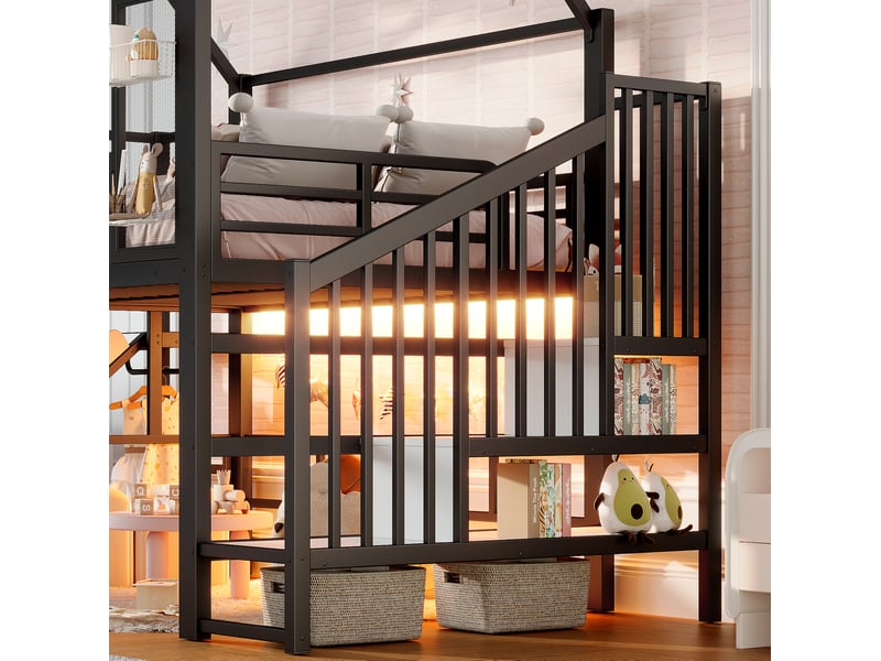  Lit mezzanine enfant 140 × 200 cm 1 place avec toboggan, rangements et éclairage led bluetooth, sans matelas, métal noir  - Conforama E