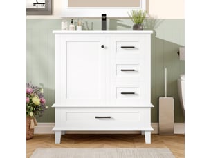 Meuble vasque salle de bain blanc 76 cm avec lavabo céramique intégré et 3 tiroirs silencieux