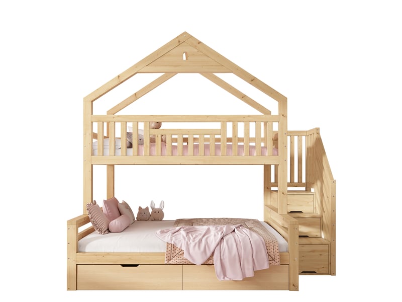Lit superposé cabane enfant 90x200 + 140x200 cm - 2 couchages, escalier, toit pignon et 2 tiroirs - bois, mdf et contreplaqué - chêne CozyNest - Conforama A