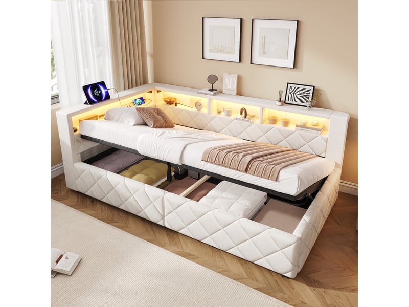 Canapé-lit coffre 90 x 200 cm - avec lumière led - avec port usb - tissu velours - beige (matelas non inclus) - Conforama D