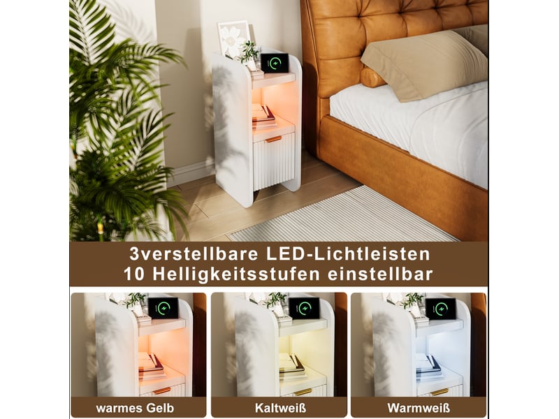  Lot de 2 tables de chevet blanches à 1 tiroir, design cannelé, bandeau led réglable, station de charge intégrée prises eu, table d’appoint multifonction pour chambre et salon  - Conforama D