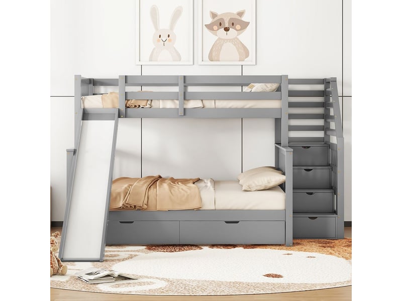  Lit superposé 90x200, sécurisé gain de place avec tiroirs et toboggan lit superposé enfant  - Conforama B
