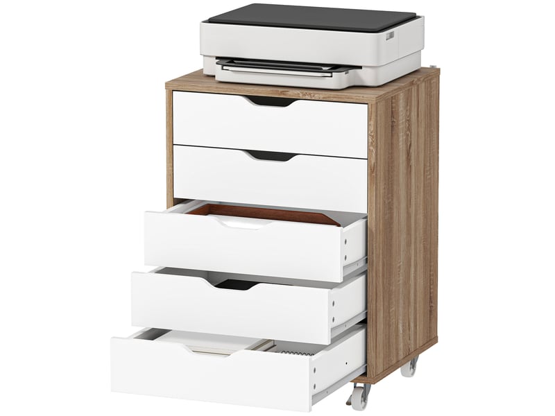  Caisson bureau mobile | meuble de rangement sur roulettes 5 tiroirs 47,5x39,5x67,5 cm blanc et chêne  - Conforama B