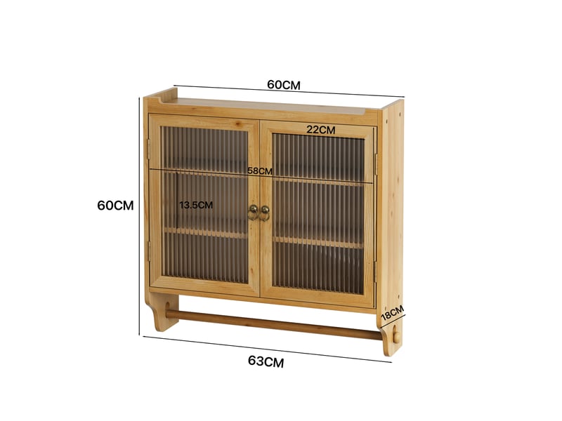  Armoire murale à fixer, 2 portes vitrées, 3 étagères amovibles pour salle de bain, bois naturel, 63 × 60 × 18 cm  - Conforama E
