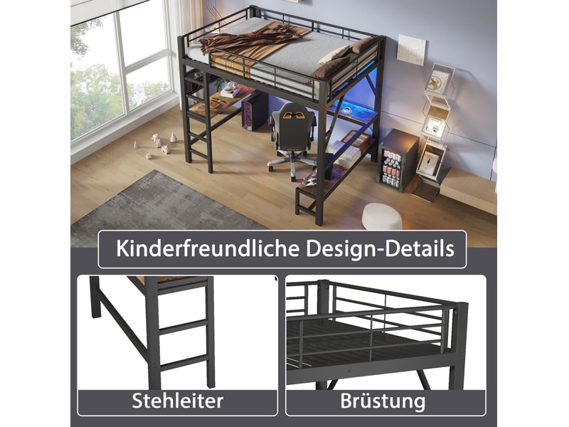  Lit mezzanine 160x200 cm avec bureau, led et prises usbtype-c noir  - Conforama D
