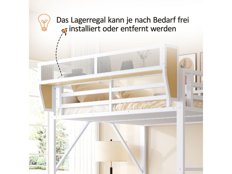  Lit mezzanine blanc 140x200cm avec échelle, compartiment flexible, bureau et étagères, structure robuste - fer - pour enfant ado  - Conforama C