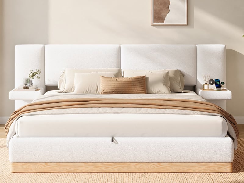  Lit coffre 180 x 200 cm, avec deux tables de chevet et ports de charge, finition en tissu bouclette « teddy » et pu, blanc  - Conforama B