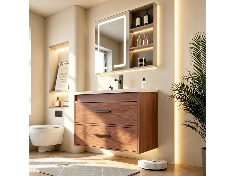  Meuble de salle de bain 75 x 46 x 52 cm, grand espace de rangement avec 2 tiroirs, mdf, marron  - Conforama C
