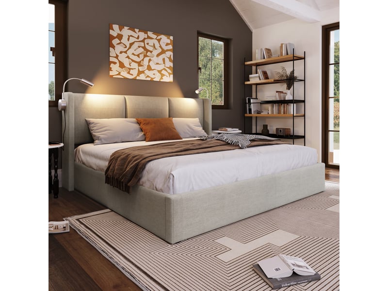  Lit double rembourré 160x200 cm avec coffre de rangement, tête de lit avec liseuse et usb, sommier à lattes, revêtement en lin, sans matelas IKSETERA TRADING LTD - Conforama D