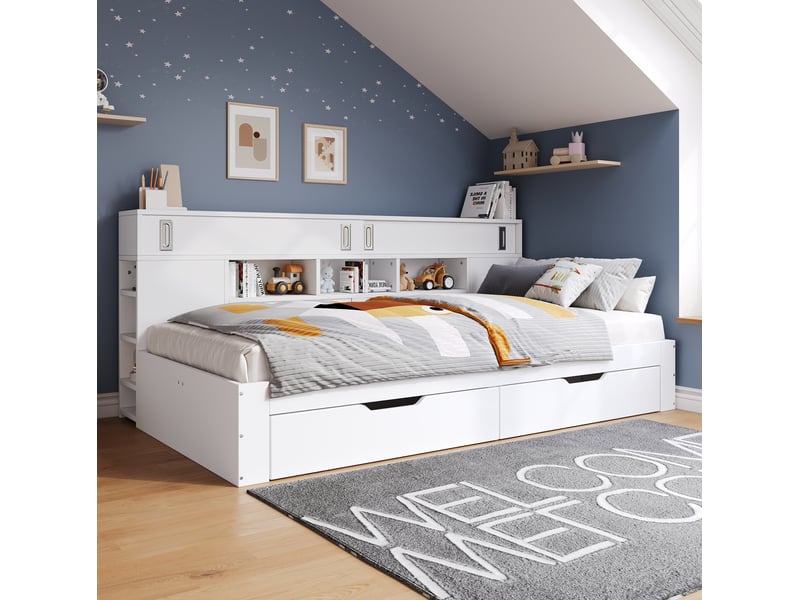  Lit jeune, 140x190 cm, espace nuit, 2 tiroirs pratiques, placard coulissant, étagères réglables, mdf, coloris blanc  - Conforama B