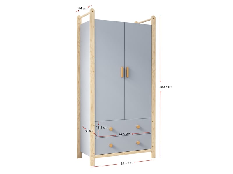  Armoire 2 portes avec penderie et 2 tiroirs, 90 x 45 x 180 cm, bleu et bois  - Conforama C