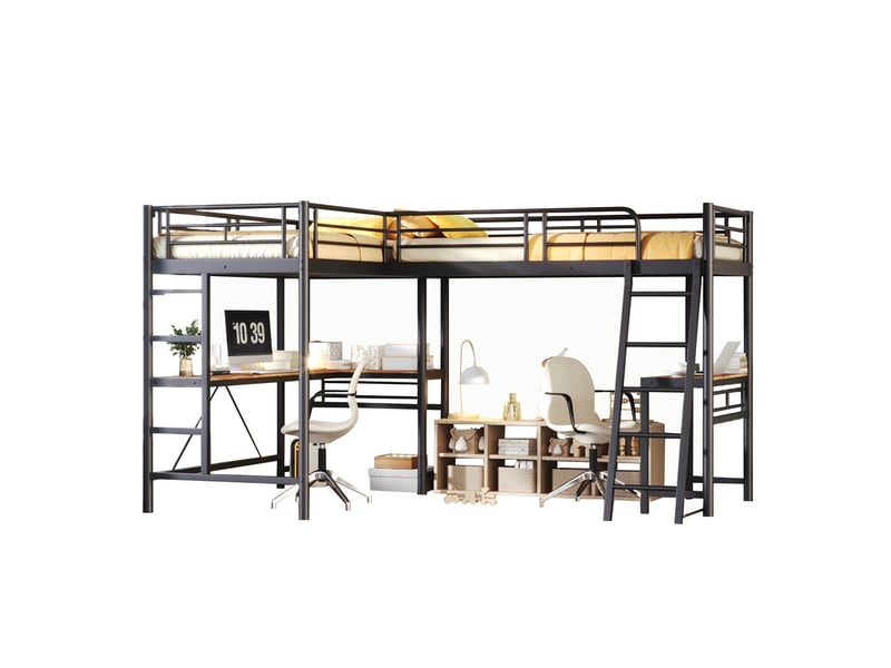  Lit mezzanine enfant simple 200×90 cm, bureau et double échelle - okmyhome- métal noir, sans matelas  - Conforama A