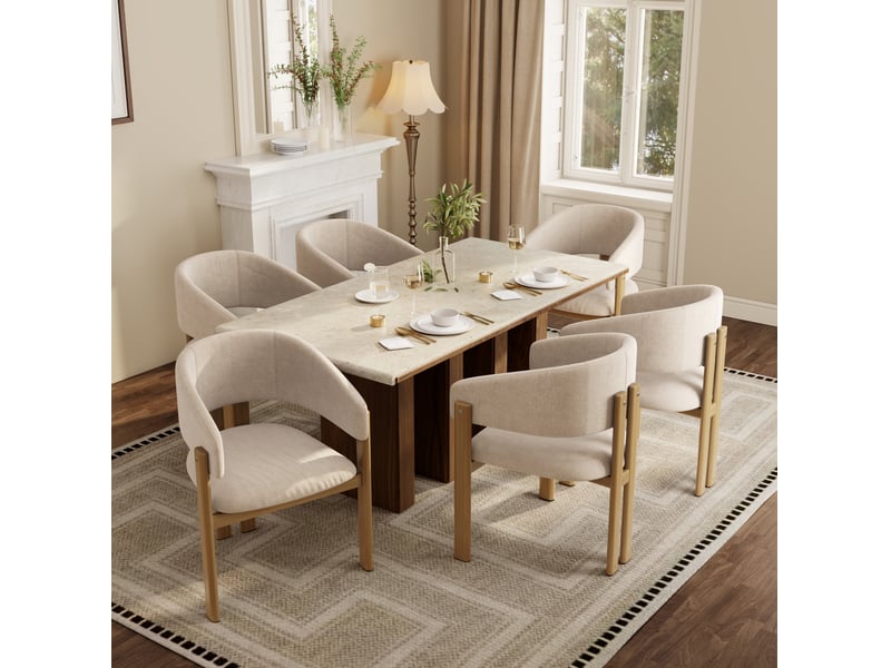  Lot de 2 chaises de salle à manger avec accoudoirs en métal aspect bois et tissu en lin beige  - Conforama D
