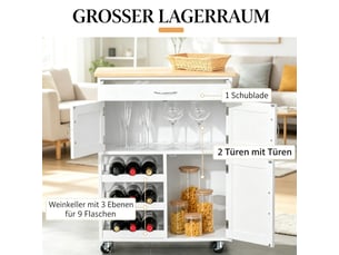 Desserte de cuisine compacte avec rangement, meuble roulant buffet, organisateur, blanc