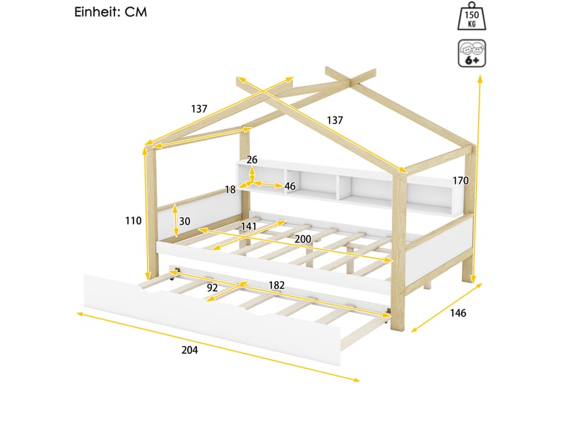 Elvmi lit cabane enfant 140x200 cm avec lit gigogne coulissant, 4 compartiments de rangement latéraux, structure en bois de pin massif et mdf, design maison avec sommier à lattes, coloris naturel et blanc, pour chambre d’enfant - Conforama C