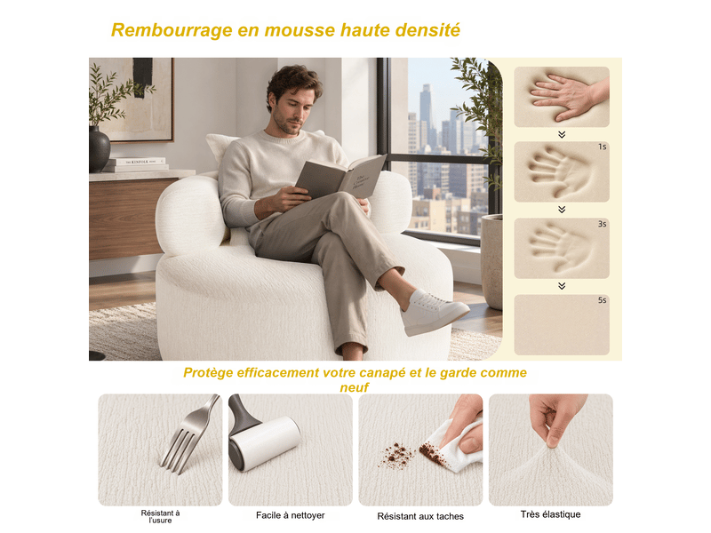 Fauteuil rond fixe 100 cm en chenille beige, mousse haute densité, avec coussin, charge 150 kg, salon chambre bureau 100X100X65cm - Conforama E