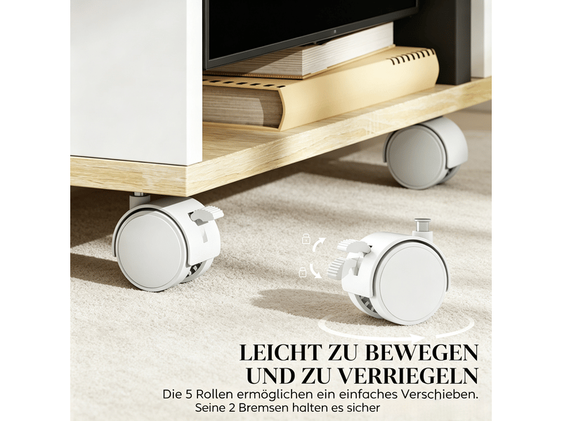  Meuble tv bas polyvalent à roulettes, meuble multimédia moderne, meuble de salon élégant, naturel, blanc  - Conforama W