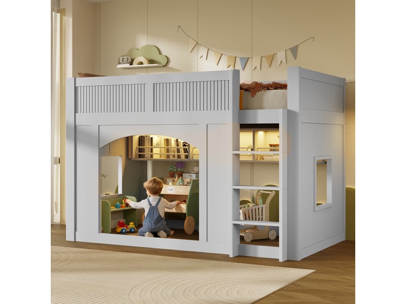 Lit mezzanine enfant 90x200cm style cabane avec bibliothèque, led multicolore, fenêtres et espace de jeu, mdf et pin - gris - Conforama D