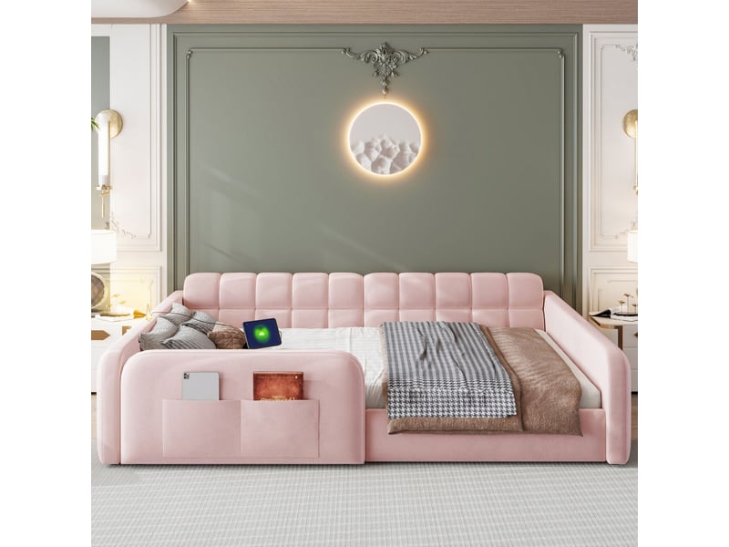  Lit rangement 140 x 200 cm lit double tiroir de rangement structure rembourrée revêtement en velours éclairage nocturne port de recharge hautes barrières de sécurité tête de lit style canapé coloris rose  - Conforama B