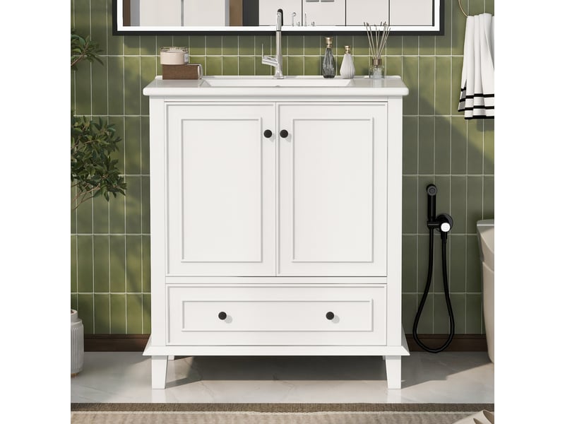 Meuble sous vasque avec 2 portes, 1 tiroir et étagère réglable, vasque en céramique pour salle de bain, 76×46×87 cm - Conforama B