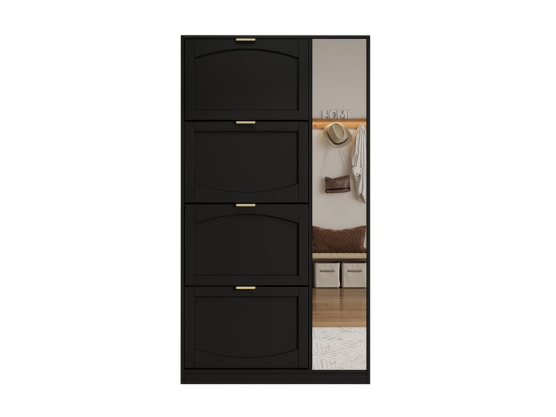  Meuble à chaussures miroir 80 x 24 x 147 cm, 4 compartiments rabattables, étagère réglable derrière la porte droite, pour entrée, noir  - Conforama D