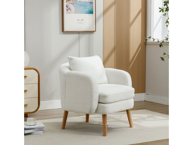Fauteuil en teddy avec coussin dorsal et assise épaisse, cadre en bois massif pour salon, blanc - Conforama D
