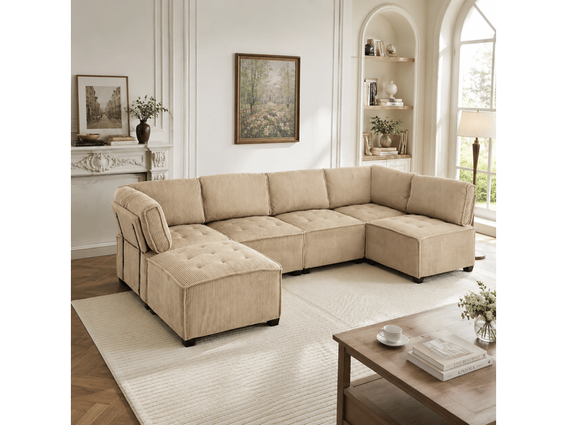 Canapé modulaire 6 places en velours côtelé kaki, structure métal et bois, convertible u ou l - Conforama B