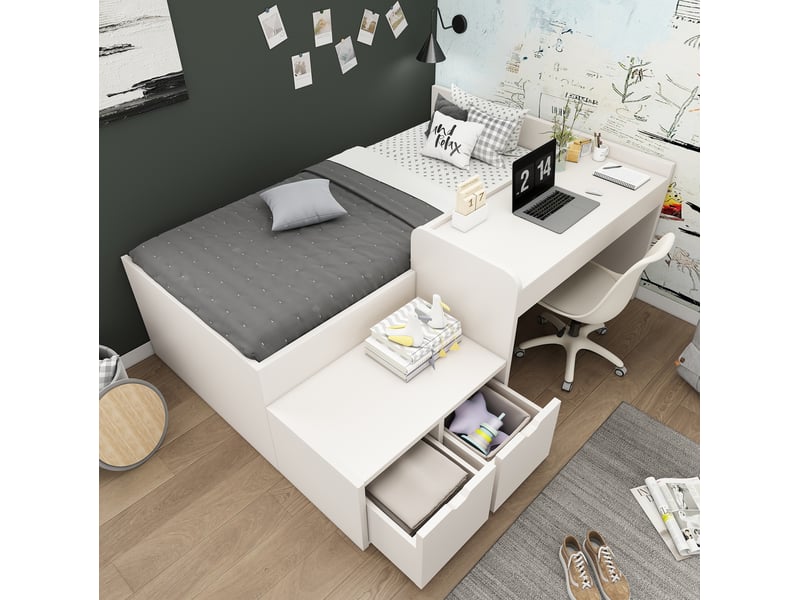 Lit simple enfant 90x200 cm – blanc – bureau intégré, 2 tiroirs et rangement sous le lit – sans matelas - Conforama B