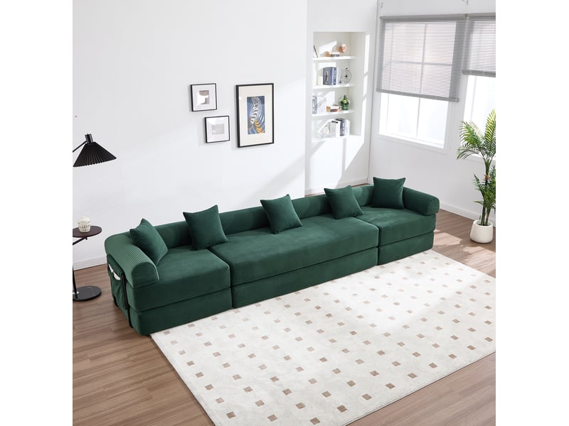 Canapé d'angle modulable convertible 4 places en velours côtelé vert émeraude - Conforama D