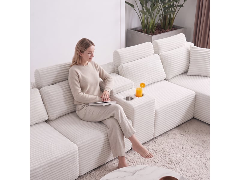  Canapé panoramique en u - 373x150x81cm - canapé modulaire velours côtelé avec porte-gobelets, assise profonde - blanc  - Conforama A